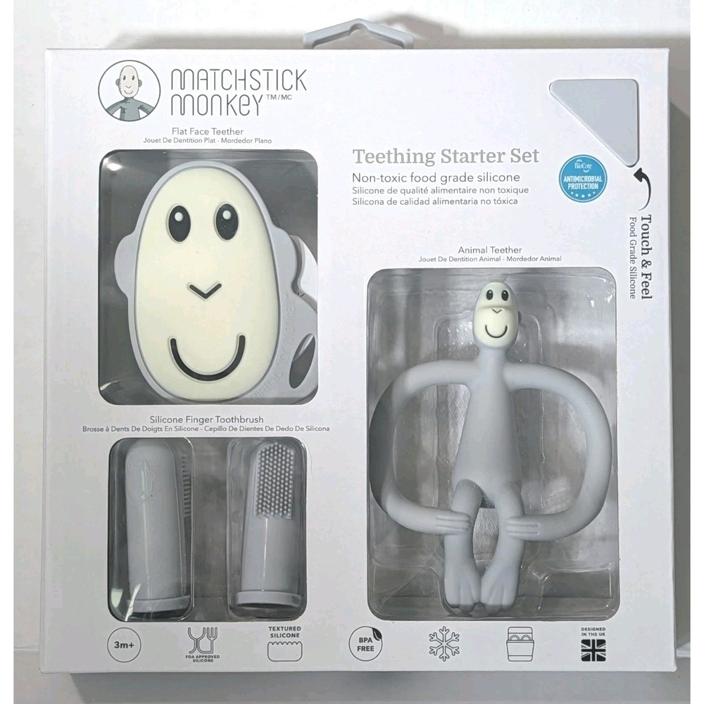 Matchstick Monkey Teething Starter Set Cool Grey Flat Face Teether Finger Brush